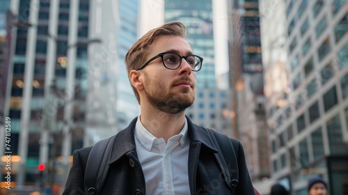 close-up of Lifestyle stock image of a young entrepreneur walking through a bustling city street, skyscrapers in the background, dynamic and ambitious mood
