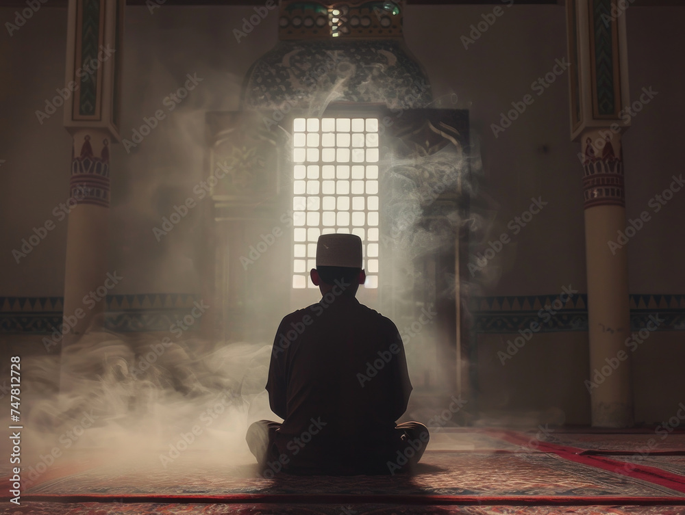 Back view of Indonesian Muslim man meditating in the mosque - obrazy, fototapety, plakaty 