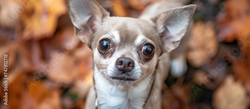 An adorable small white and brown Chihuahua stands in front of a pile of autumn leaves on the ground. The dog looks curious and playful, exploring its surroundings.
