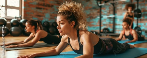 Woman practice yoga with friends in gym