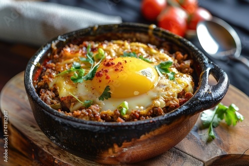 Detailed view of a South African bobotie dish, spiced minced meat with an egg-based topping, traditional recipe photo