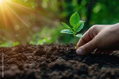 Hand planting a young tree in fertile soil, symbolizing reforestation and carbon offset, close-up with natural sunlight, sustainability and growth theme photo