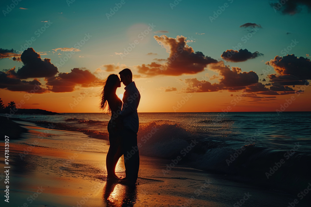 A honeymoon couple romantically in love at a beach during sunset