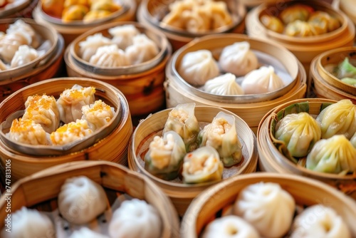 Close-up of a Chinese dim sum selection, intricate details of dumplings, traditional style