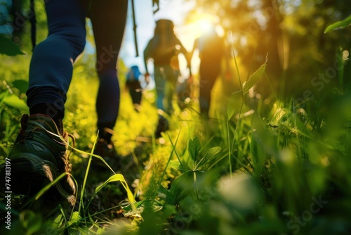 close-up of Active lifestyle stock photo of friends hiking in a lush green forest, mid-action shot, showing teamwork and adventure, vibrant colors