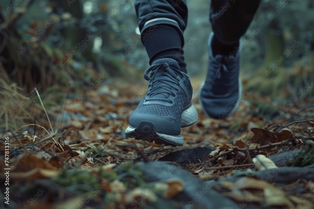 close-up of Fitness lifestyle, close-up of running shoes on a forest trail, action shot capturing movement and determination, natural surroundings close-up of Fitness lifestyle, close-up of running shoes on a forest trail, action shot capturing movement and determination, natural surroundings