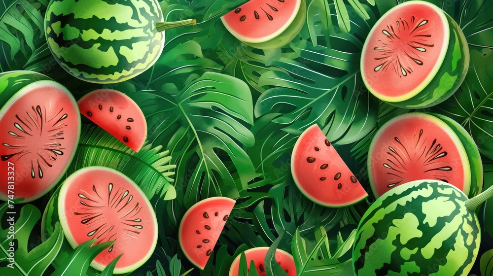 Summer background with juicy watermelons and tropical leaves. Summer background with juicy watermelons and tropical leaves.