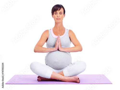 Fitness, meditation and yoga for wellness with pregnant woman in studio isolated on white background. Exercise, pilates and zen with mother on mat, training for balance, inner peace or mindfulness