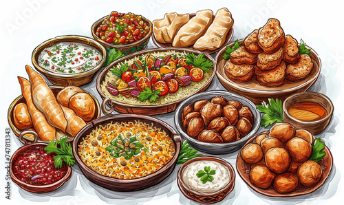 Food illustration of Arabic Cuisine.Iftar party invitation greeting Ramadan Kareem.