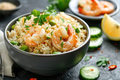 Detailed view of Thai Fried Rice (Khao Pad), with shrimp and vegetables, garnished with cucumber and lemon