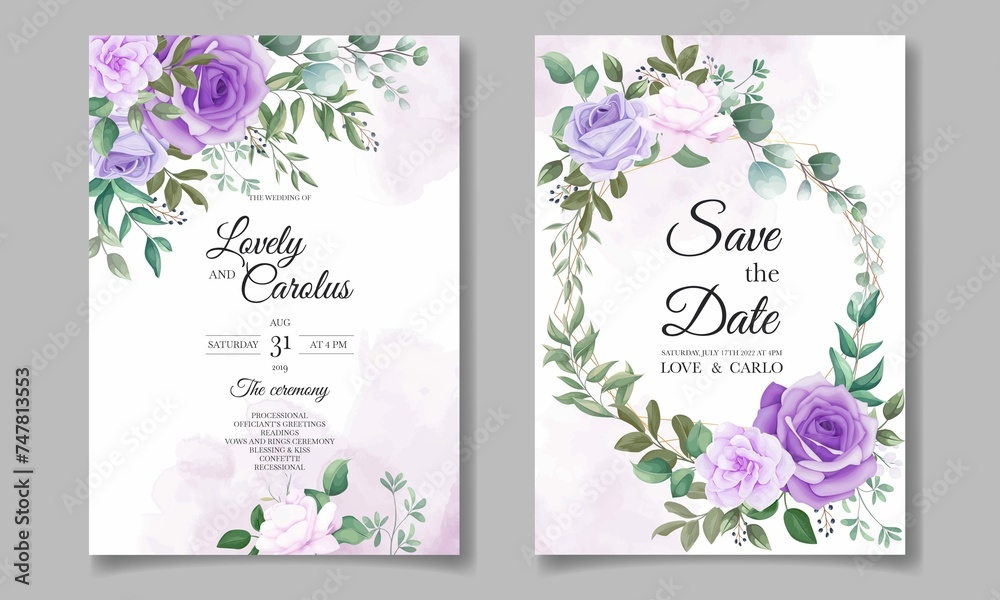 Elegant Set Wedding Invitation Cards With Beautiful Purple Floral 2