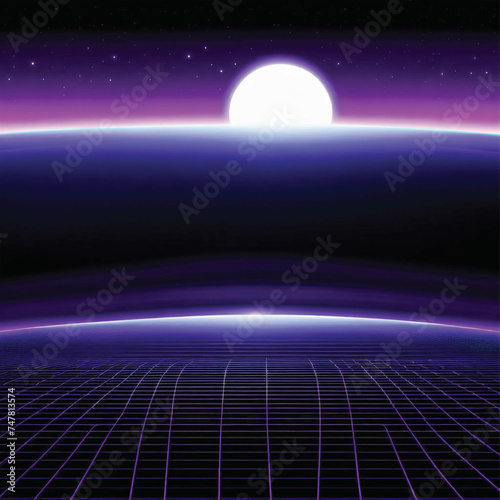 Retro Futuristic Sci-Fi Background with Purple Grid Landscape and lines in the corners