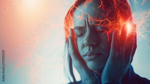 Young woman suffering from headache, migraine or stress. Toned image. Headache concept  photo