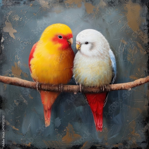 oil painting of Love Birds, Sweet birds perched together