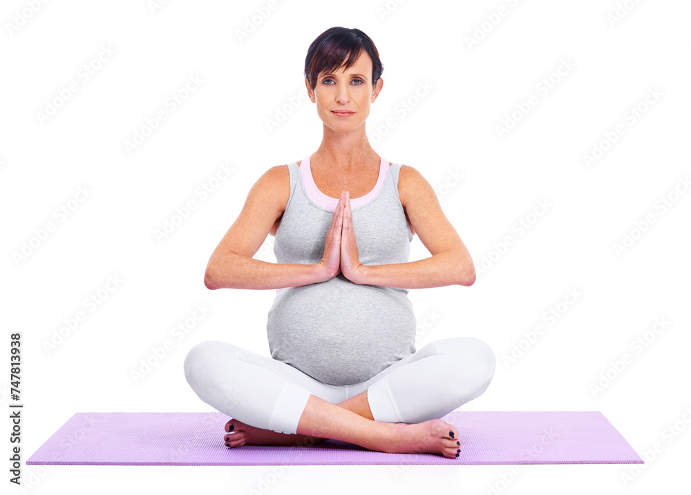 Portrait, pregnant woman and meditate in studio for relax, peace and exercise for belly or tummy. Female person, maternity and happy on white background yoga, health and wellness with casual outfit