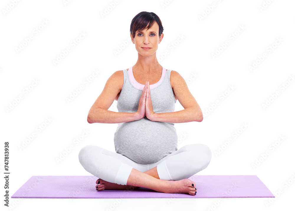 Portrait, pregnant woman and meditate in studio for relax, peace and exercise for belly or tummy. Female person, maternity and happy on white background yoga, health and wellness with casual outfit Portrait, pregnant woman and meditate in studio for relax, peace and exercise for belly or tummy. Female person, maternity and happy on white background yoga, health and wellness with casual outfit