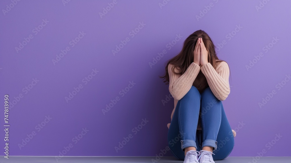 Fototapeta premium Young woman sitting on floor with hands on her face against purple background. Depression concept.