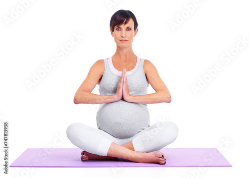 Portrait, pregnant woman and meditate in studio for relax, peace and exercise for belly or tummy. Female person, maternity and happy on white background yoga, health and wellness with casual outfit
