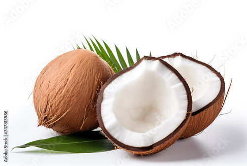 Fresh coconut with leaves isolated on white background