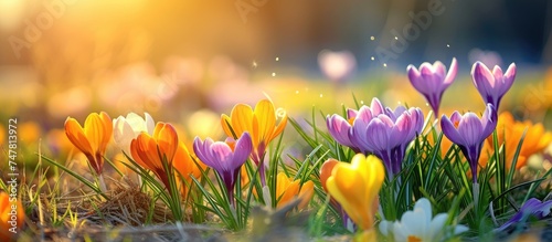 A bunch of vibrant spring crocus flowers are scattered across the green grass, adding a pop of color to the landscape. The bulbous plants stand out against the lush greenery, creating a beautiful and photo