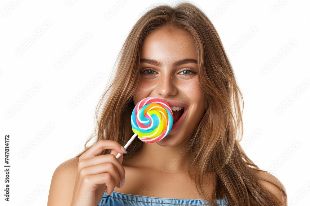 pretty young woman eating lolipop candy with out tongue photo on white isolated background