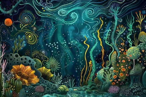 vibrant underwater tapestry teeming with a myriad of sea plants and organisms, painted in a palette of mesmerizing colors
