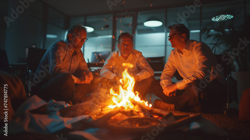 Three businessmen around a fire burning papers in an office. photo