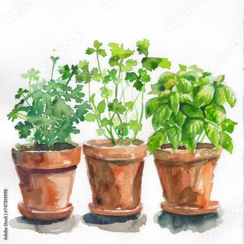 Watercolor Herb Pots, Potted basil, parsley, and cilantro. 