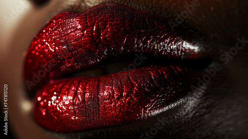 Close-up of full, red lips with detailed texture, highlighting luxurious beauty and makeup artistry.