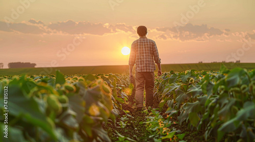 A farmer walks through sunlit crop fields at dawn, reflecting on sustainable agriculture and connection to the land.