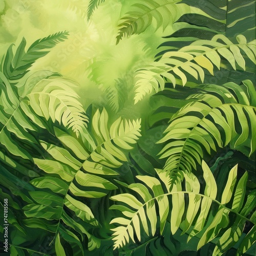 watercolor of Fern Fronds, Graceful fern leaves in shades of green.