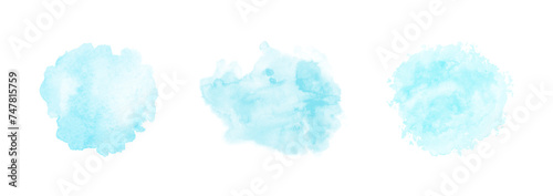 Abstract pattern with blue watercolor clouds on white background. Cyan watercolour water brash splash texture. Set of vector pastel color paint stain. Blue watercolor background