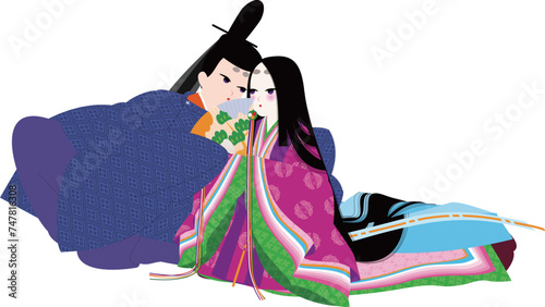 逢引する十二単衣の女性と直衣の男性のイメージイラスト