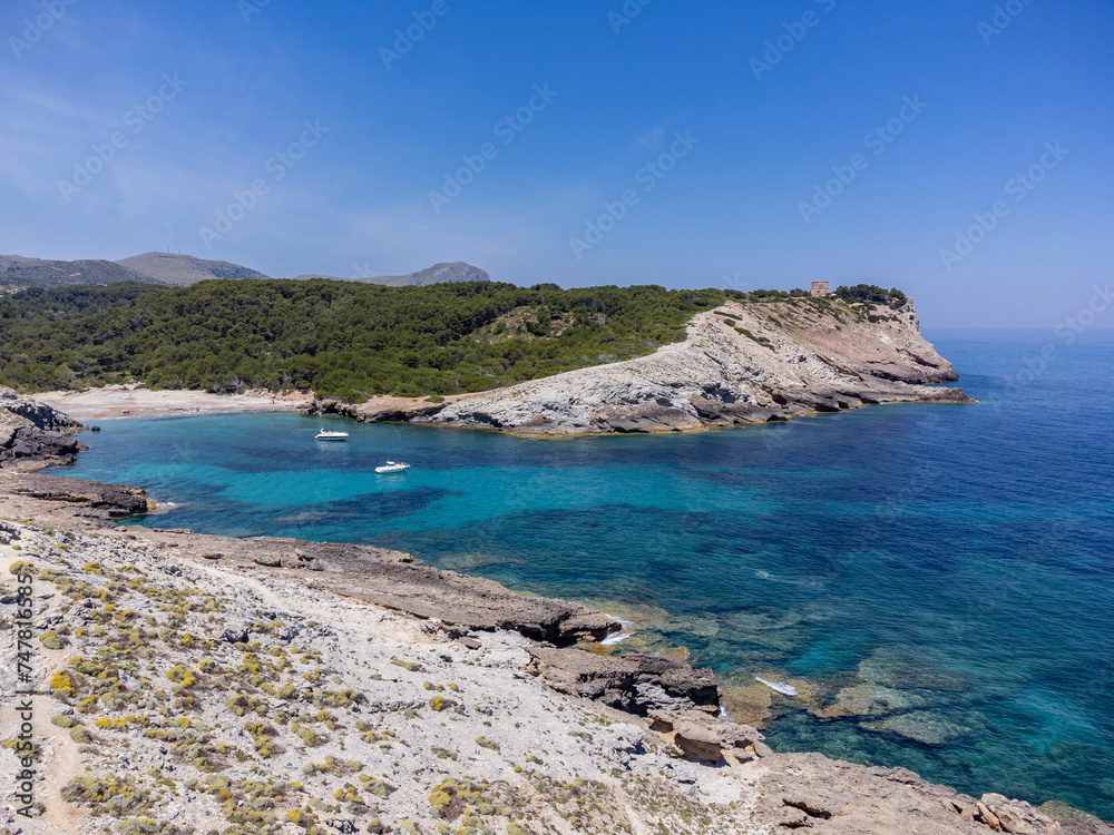Obraz premium pleasure boats at anchor , protected natural area, capdepera, Mallorca, Balearic Islands, Spain