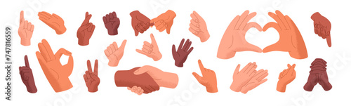 Hand gestures set. Expressions with body language: pointing finger, grip fist, handshake, touches. Different communication signs: ok, peace, love, heart. Flat isolated vector illustration on white