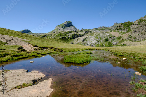 hikers on Lac du Miey  Ayous lakes tour  Pyrenees National Park  Pyrenees Atlantiques  France