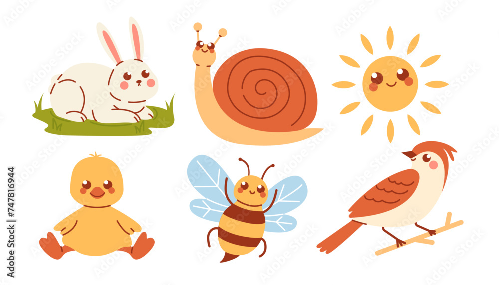 Naklejka premium Cute spring characters isolated on a white background. Animals and insects flat