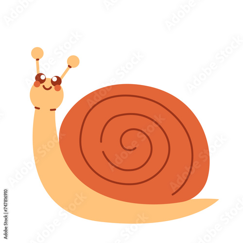 Funny flat snail on white background. Cute spring character vector graphics