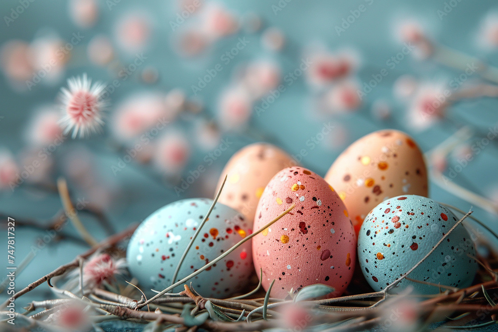 Easter themed card in light colors with colorful colored solid eggs,Easter concept