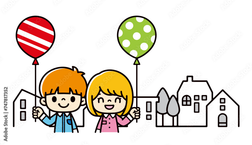 Illustration of children standing with balloons in a residential area