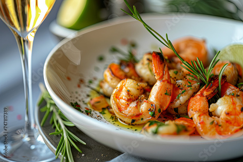 Shrimp dish garnished with rosemary, lime, and white wine