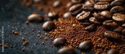 A pile of roasted coffee beans and finely ground coffee scattered on a dark black surface. The beans are dark and glossy, while the ground coffee is powdery and aromatic.