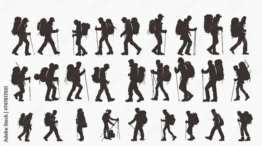 Silhouettes of mountaineering people icon illustration set bundle