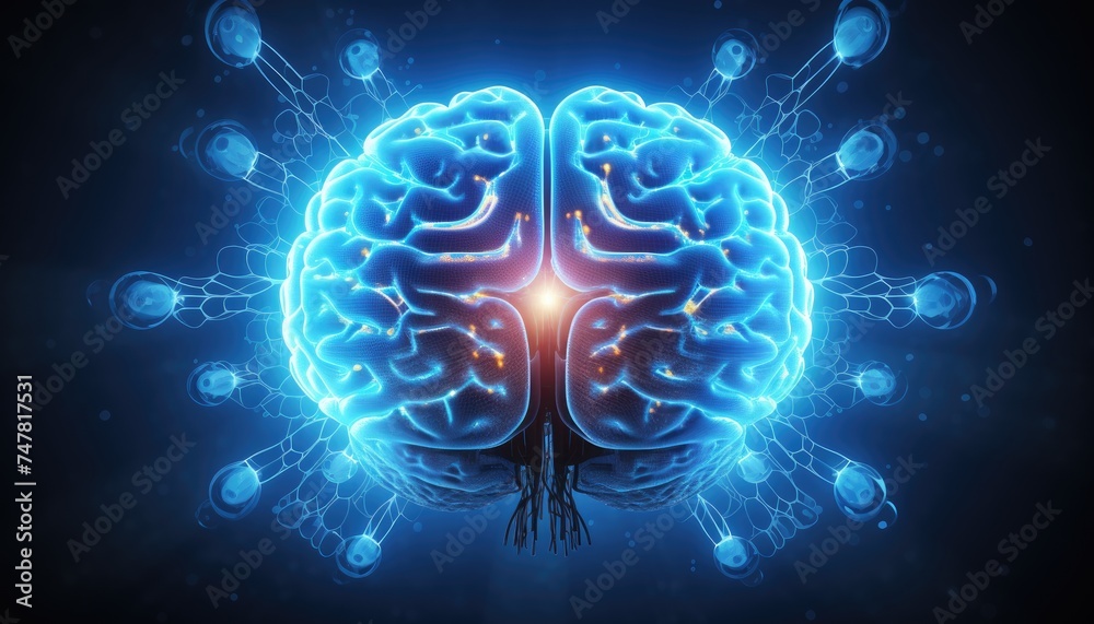 A wireframe mesh of a human brain with glowing blue lines connecting different parts A wireframe mesh of a human brain with glowing blue lines connecting different parts