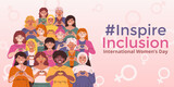 International Women's Day horizontal template. Slogan of Inspire Inclusion. Collective of women of various age, ethnicity, clothes, hair and skin colors make a heart gesture in flat vector style.