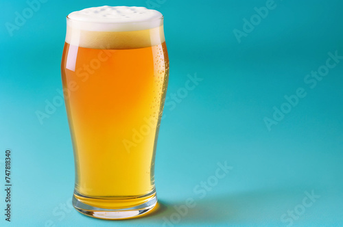 Glass of beer close-up on colorful bright blurred background. Place for text. Generative AI.