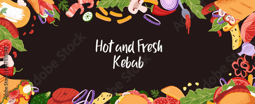 Advertising horizontal banner with shawarma. Promotion black background with shawerma, vegetables. Ingredients for doner kebab. Fast food restaurant menu cover. Fastfood flat vector illustration