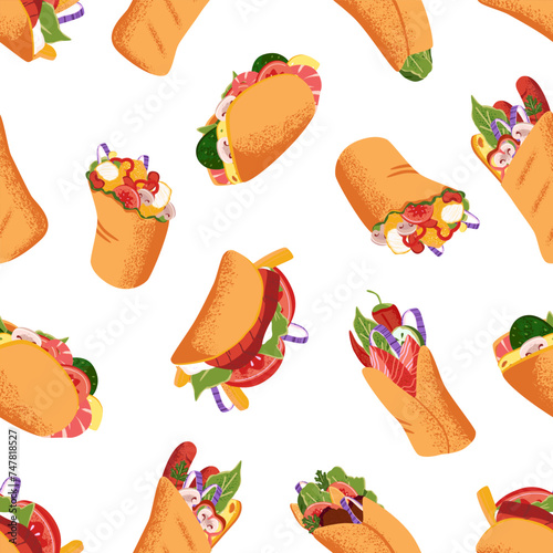 Repeating pattern of different shawarmas. Fast food on wrapping print. Wallpaper with various shawermas: taco, gyros. Fastfood, doner kebab on white background. Flat vector seamless illustration