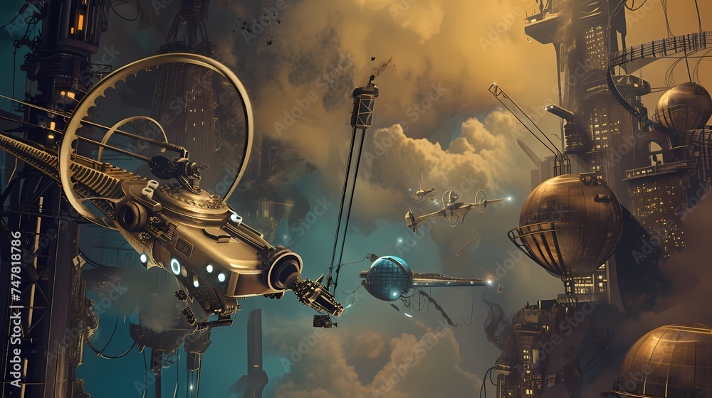 An elaborate steampunk cityscape unfolds under a dramatic sky, with airships and fantastical structures suspended amidst clouds. The image conjures a sense of adventure and technological wonder in an - obrazy, fototapety, plakaty 