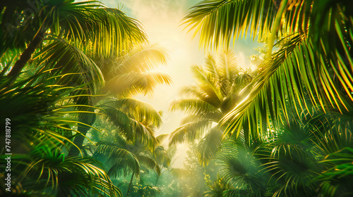 Exotic Palm Trees and Tropical Forest  Sunny Landscape and Summer Vacation Concept  Natures Paradise